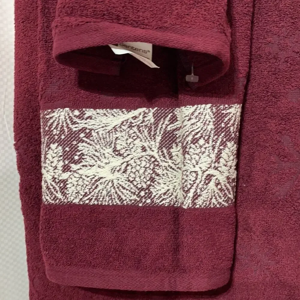 Santens bath hand fingertip towel combo deep red snow pine claret pattern NWT